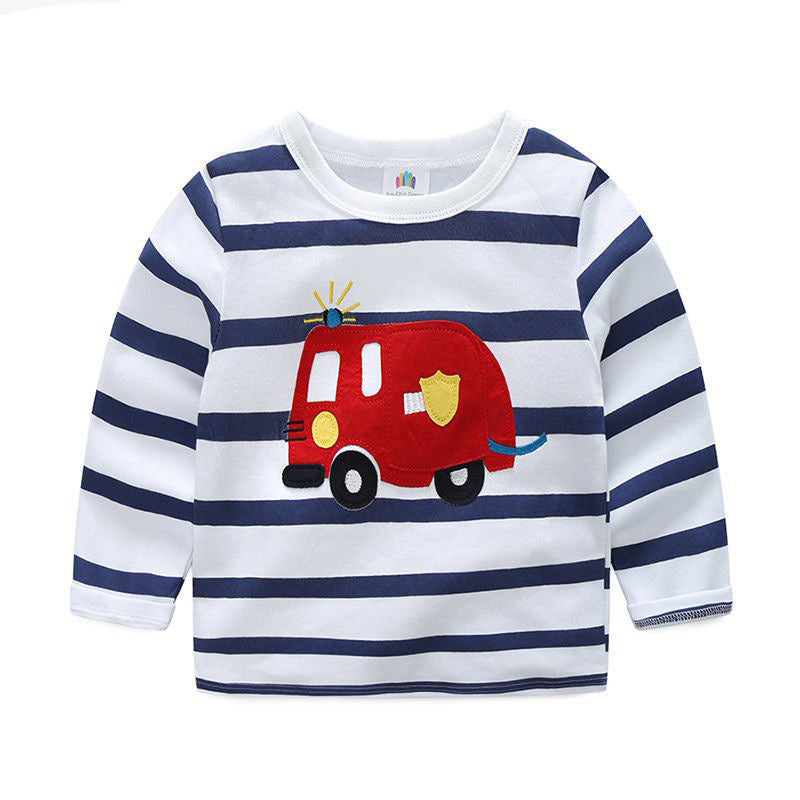 Boys T-shirt Kids Tees Baby Child Boy Cartoon Tops Spring Children Tee Long Sleeve Cotton Cars Trucks Bus Striped Autumn Shirt