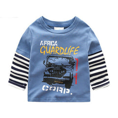 Boys T-shirt Kids Tees Baby Child Boy Cartoon Tops Spring Children Tee Long Sleeve Cotton Cars Trucks Bus Striped Autumn Shirt