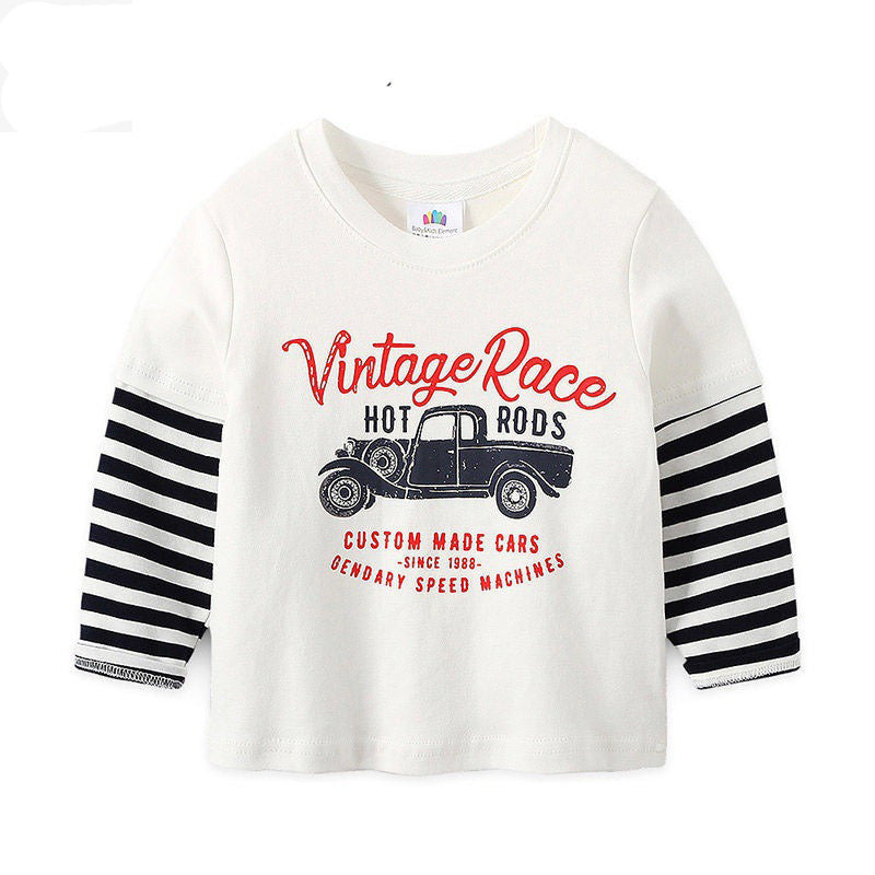 Boys T-shirt Kids Tees Baby Child Boy Cartoon Tops Spring Children Tee Long Sleeve Cotton Cars Trucks Bus Striped Autumn Shirt