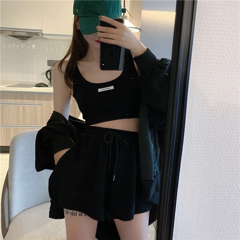 Women's Long Sleeve Athleisure Hooded Jacket Tank Top Shorts Three Piece