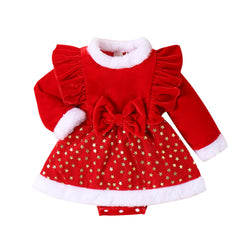 Infant Toddler Pleuche Patchwork Wool Gilding Star Dress