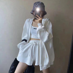 Women's Long Sleeve Athleisure Hooded Jacket Tank Top Shorts Three Piece