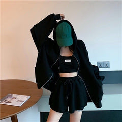 Women's Long Sleeve Athleisure Hooded Jacket Tank Top Shorts Three Piece