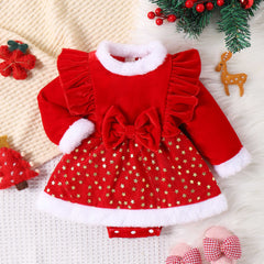 Infant Toddler Pleuche Patchwork Wool Gilding Star Dress