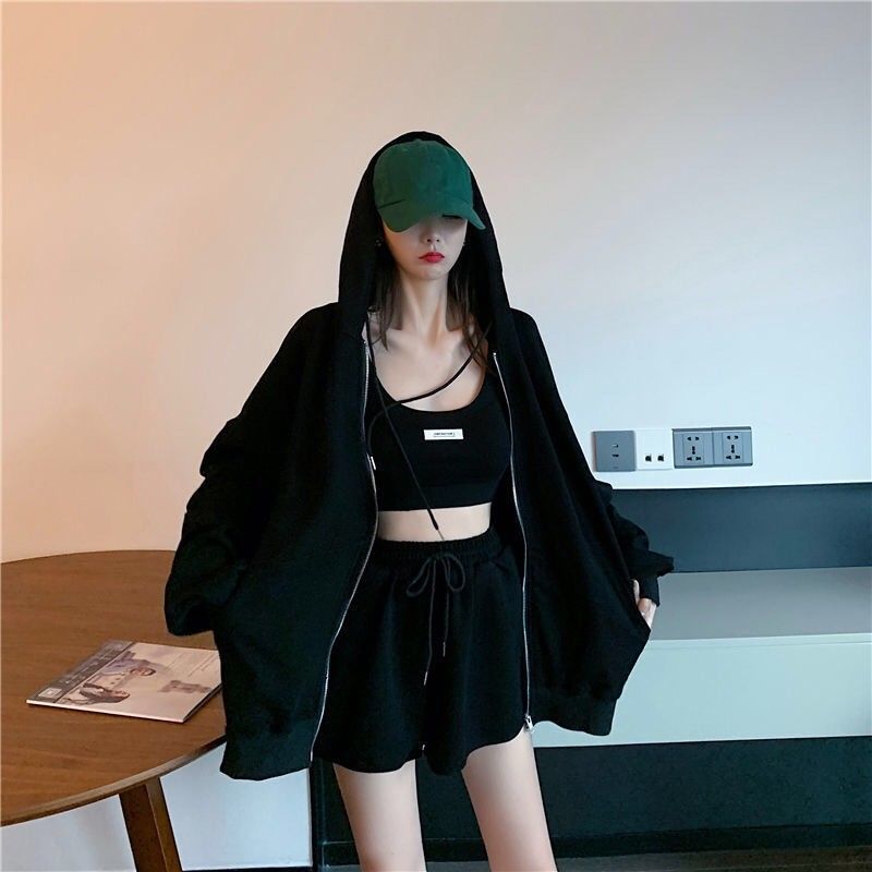 Women's Long Sleeve Athleisure Hooded Jacket Tank Top Shorts Three Piece